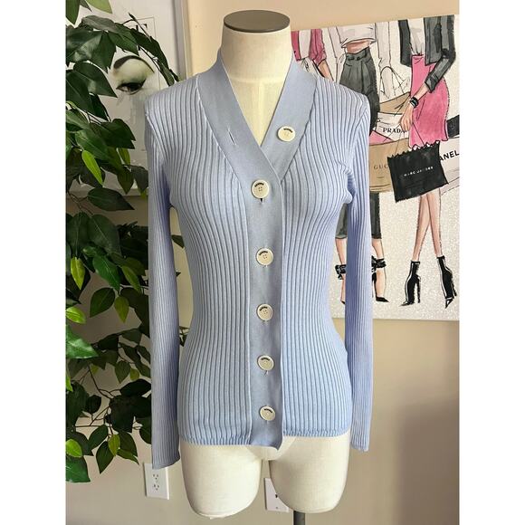 Sandro Womens Career Silk Blend Stretch Fitted Ribbed Logo Cardigan Size 4 - Picture 3 of 9